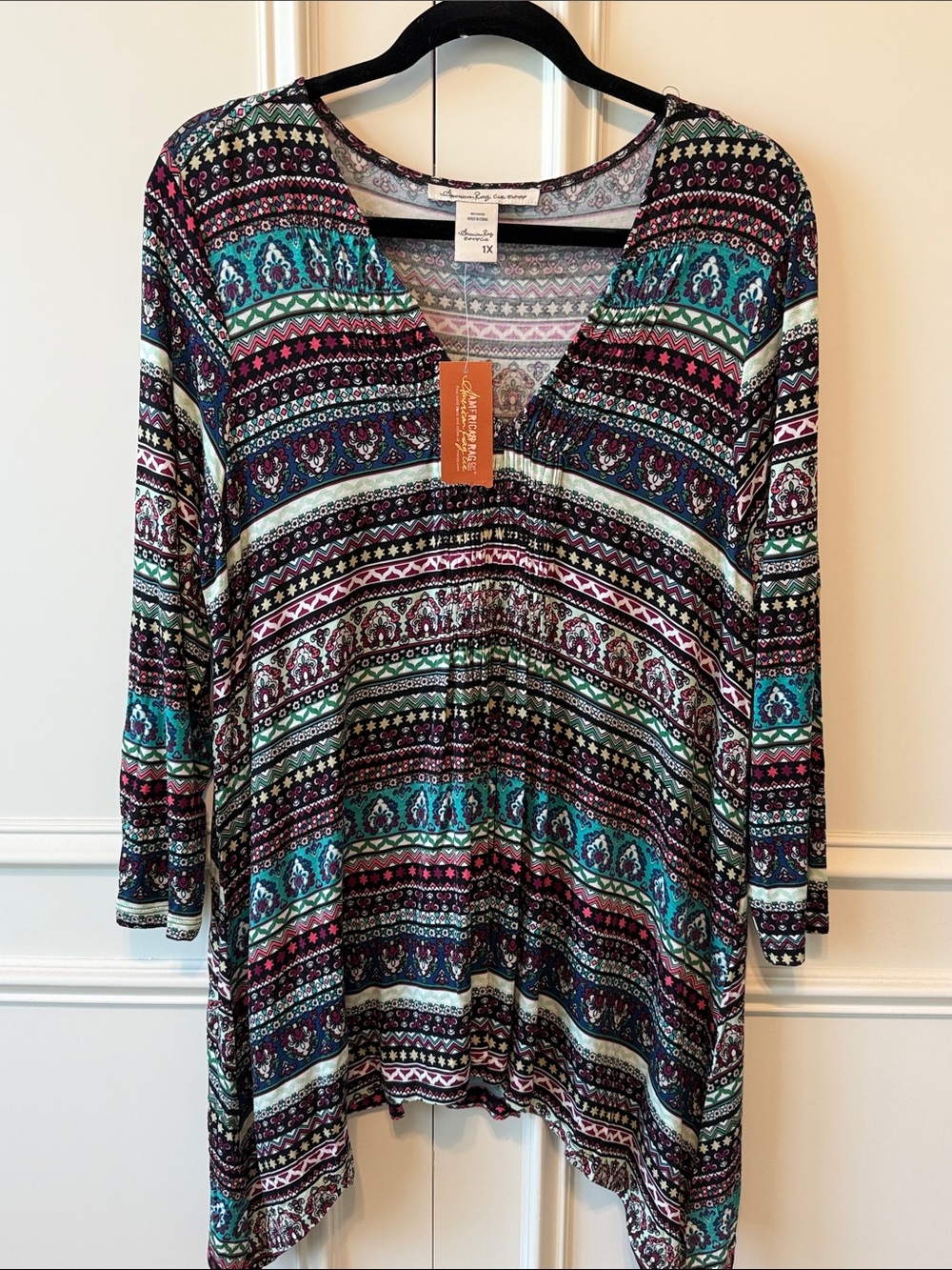 American Rag Teal Black Multi-Print V-Neck Tunic